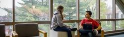 Two students sitting with laptops and talking in front of windows